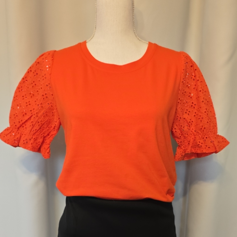 Joie Bright Orange Eyelet Sleeve Top